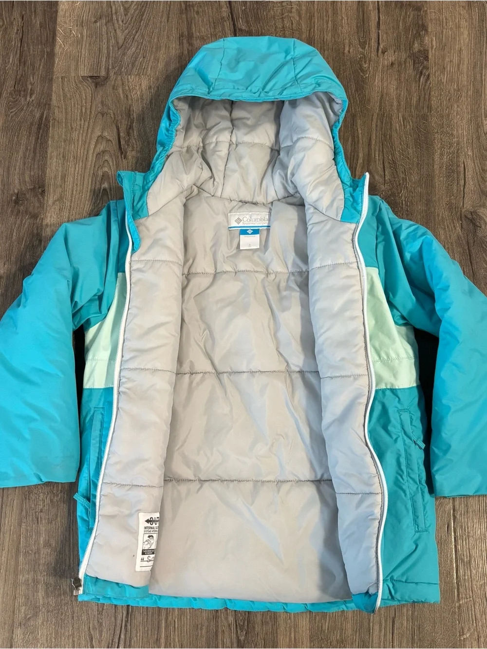 Columbia Youth Teal & Light Aqua Hooded Puffer Jacket size Small (8)